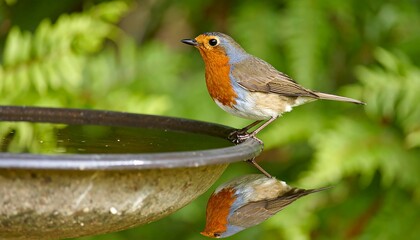 European robin perched on a bird bath enjoying a refreshing drink in a lush garden