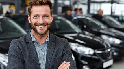 Car dealership employee smiles proudly in front of a lineup of black vehicles during a busy sales event