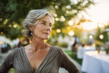 graceful senior woman standing on a patio during sunset, soft breeze in her hair, blurred trees and party table in background, serene and classy vibe 