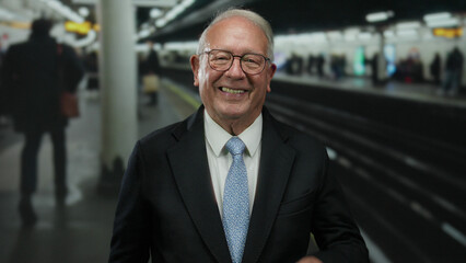 Fototapeta premium Senior man in suit giving thumbs up and pointing in a busy train station showing enthusiasm and positivity indoors.