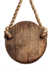 Fototapeta premium Rustic wooden plaque hanging from a knotted rope, offering a blank for personalized messages or creative designs.
