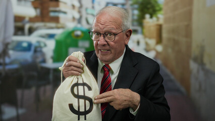 Senior man in business suit holding a dollar-marked bag on an outdoor terrace in a restaurant setting, suggesting themes of money and corruption on a bustling street.