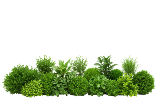 Meticulously arranged vibrant green leafy shrubs and individual leaves on a transparent studio background with copy space. Concept of environmental sustainability