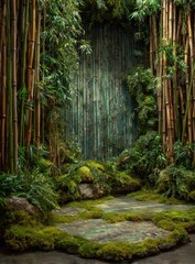 Serene bamboo forest scene featuring lush green foliage and a moss-covered stone platform, creating a tranquil and natural atmosphere.