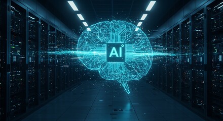 Digital brain with AI symbol floating in a server room corridor, representing artificial intelligence and data processing.