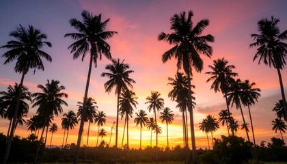 Obraz premium Enchanting silhouettes: tropical palm trees against a vividly painted sunset canvas