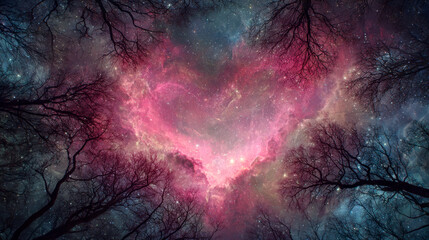 Stunning view of a colorful nebula framed by silhouetted tree branches in a starry night sky