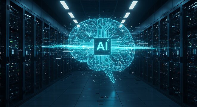 Digital brain with AI symbol floating in a server room corridor, representing artificial intelligence and data processing.