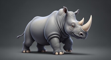 Obraz premium Cute Cartoon Rhinoceros Standing on Gray Background - Stylized 3D Render