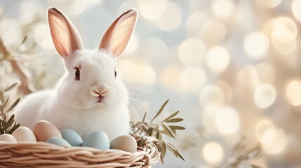 Obraz premium Adorable White Bunny in Basket with Colorful Easter Eggs and Bokeh Lights perfect for spring holiday campaigns, children’s product packaging, Easter greeting cards and festive social media content