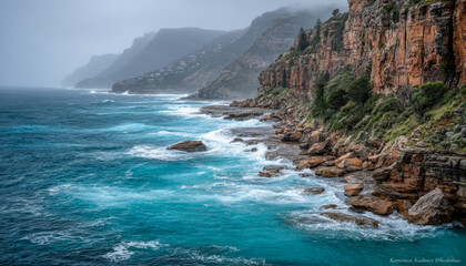 Rugged coastline with cliffs and crashing waves under a cloudy sky