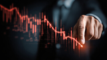 Economic Downturn: A hand hovers over a red line graph plummeting downward, representing a sharp market decline and financial loss.