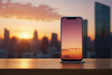 A smartphone prominently displayed on a wooden table in the foreground, showcasing a vibrant sunset on its screen.