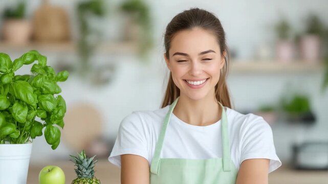 Joyful Moment in the Kitchen: A woman radiates with a warm smile as she preps ingredients in her bright kitchen. The image reflects healthy lifestyle and culinary joy.