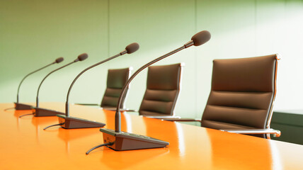 A professional conference room setup with three black gooseneck microphones mounted on a polished wooden desk