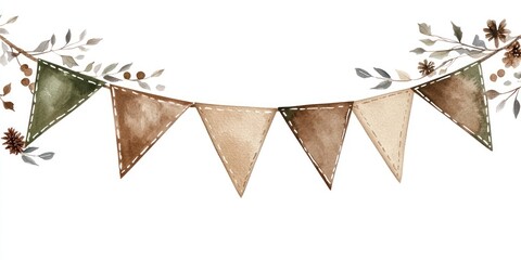 Cute bunting with brown and green flags illustration watercolor tones.