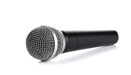 Dynamic vocal microphone isolated on a white background, studio shot.