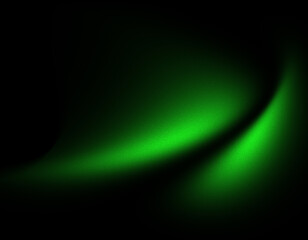 Futuristic dynamic poster with glowing green abstract shape, dark grainy black background, noise texture