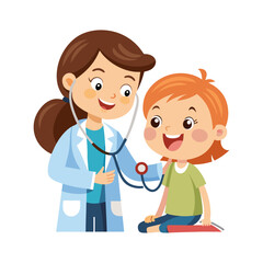 Caring Female Doctor Using Stethoscope on Smiling Child – Pediatric Healthcare Checkup Vector Illustration in Clean White Background Style