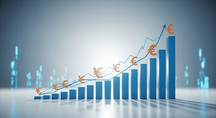 Financial Growth Bar Chart with Euro and Yen Symbols Showing Upward Trend