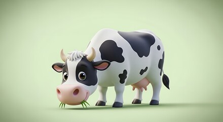 Cute cartoon 3D cow with black and white spots eating fresh green grass on a soft pastel green background.