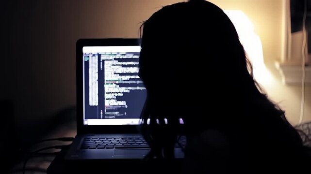 Silhouetted figure gazes at laptop screen displaying code in a dimly lit room