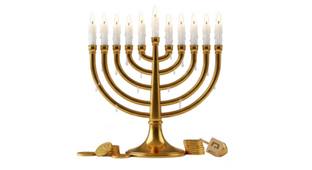 Hanukkah Celebration With Menorah, Dreidels, Coins, and Gift on Black Background