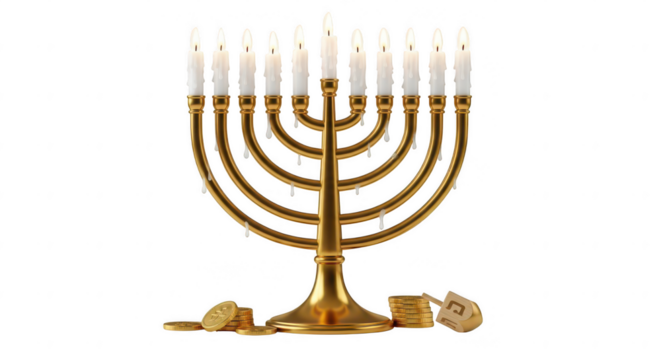 Hanukkah Celebration With Menorah, Dreidels, Coins, and Gift on Black Background