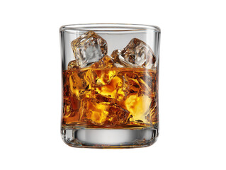 A beautifully lit, crystal-clear glass of amber-colored whiskey, filled with ice cubes