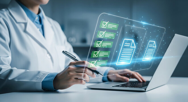 digital medical checklist, doctor using laptop and stylus with floating interface showing completed health forms and checkmarks for patient records approval and hospital data management

