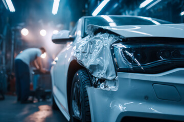 Damaged white sedan in a repair shop after collision repair process