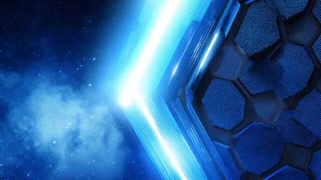 Futuristic, hexagonal, blue box in space
