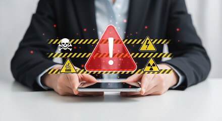 cyber attack warning, digital security breach concept showing man holding tablet with red danger sign alert icons and yellow hazard symbols in futuristic caution overlay style

