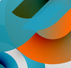 Abstract composition featuring overlapping curved shapes. Colors include blue, orange, white, black, green. Minimalist design, modern aesthetic.