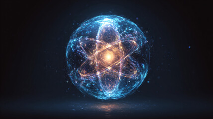 Obraz premium Atomic Structure Visualized: Intricate orbits and energy core glow within a blue spherical field, representing science and technology.