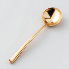 Shiny gold spoon with smooth handle and round bowl placed neatly on clean white background. Perfect for kitchenware visuals, luxury dining, and utensil designs.