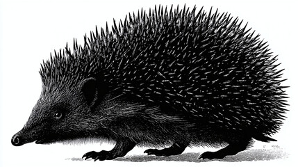 Detailed engraving of a hedgehog. This monochrome illustration shows the animal's distinctive spiky coat and small face, rendered with precise linework.