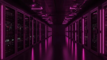 A dark hallway lined with server racks illuminated with bright pink neon lights - Powered by Adobe