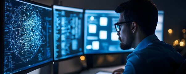 A focused man works on complex data analysis using multiple high-resolution computer screens. The blue lights and intricate graphs highlight innovation and modern technology.