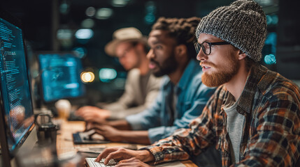 Focused team collaborating on code, eyes glued to screens in a late-night development session. Collaborative coding under the glow of digital displays.