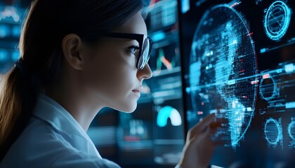 A focused young woman in glasses examines data on a digital screen in a modern lab, showcasing advancements in technology and data analysis in a futuristic setting.