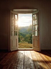 Sunlight streams through open doors, illuminating the wooden floor and inviting views of a lush, green landscape beyond.