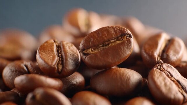 Roasted Coffee Bean Macro: A close-up view showcases meticulously roasted coffee beans, their rich, warm tones creating a captivating visual experience of an artisanal, caffeinated moment.