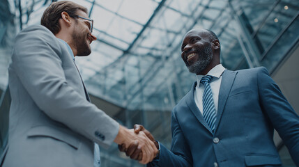 Business handshake: two diverse businessmen in suits sealing a deal with a confident handshake in front of a modern glass building.
