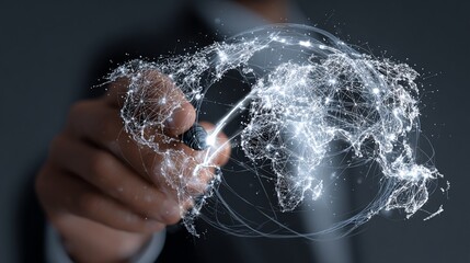 Person draws a glowing globe of interconnected data streams, representing global network