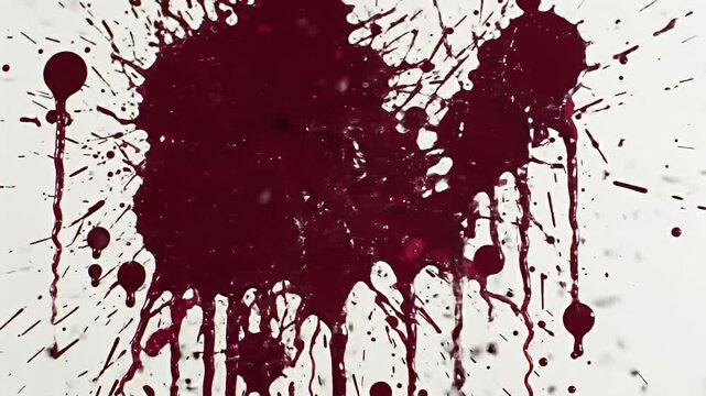 Crimson splatter dominates, with smaller drops across white surface