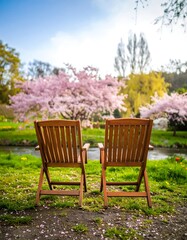 Two wooden chairs in a spring garden