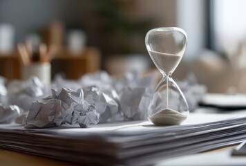 Time is running out on creative ideas, symbolized by an hourglass, crumpled paper, and stacks of documents suggesting deadlines and the writing process.
