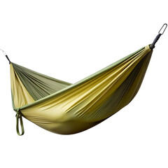 Green and yellow striped portable camping hammock for outdoor relaxation, isolated on white background