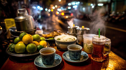 Traditional Nighttime Street Feast During Hungry Ghost Festival with Offerings and Steaming Teacups